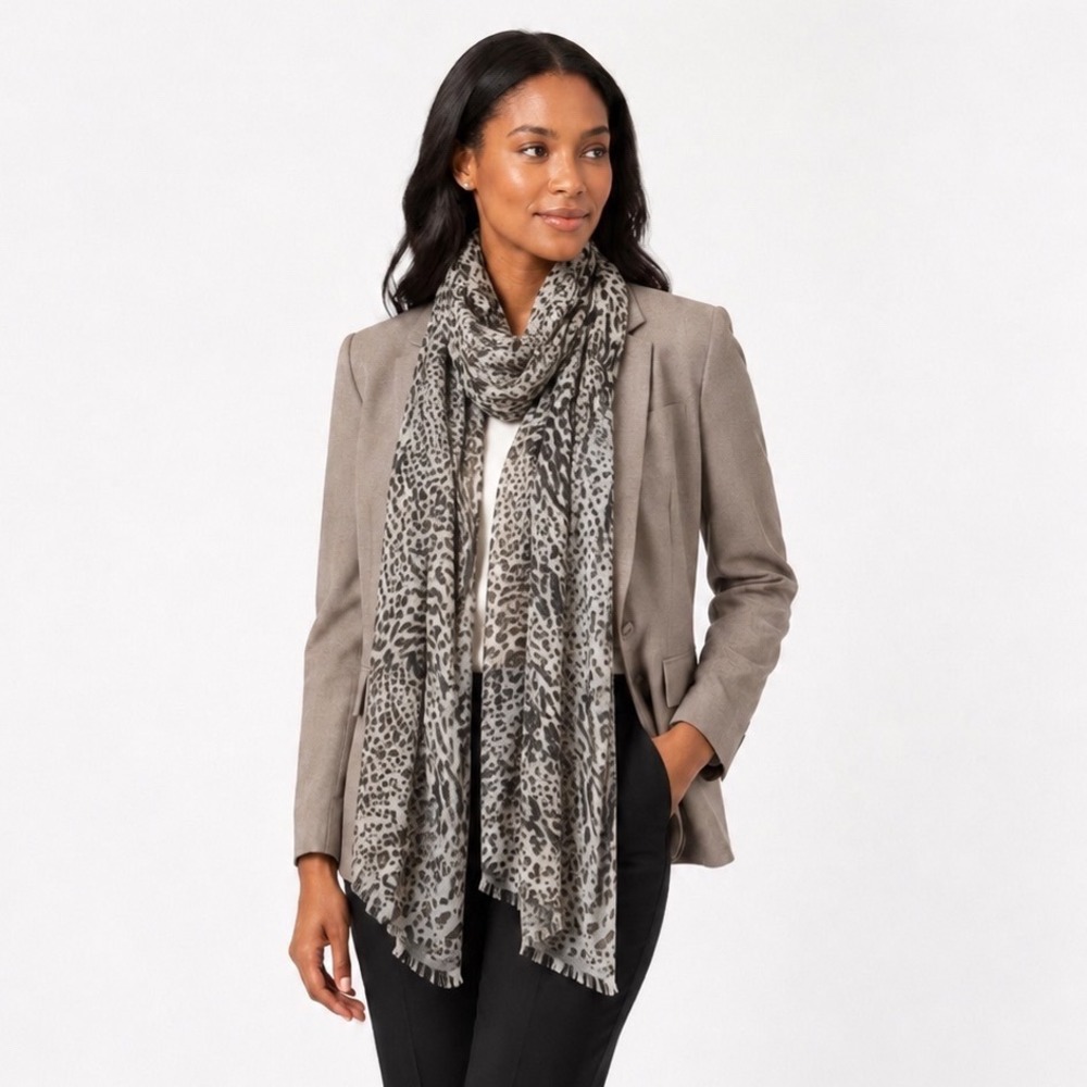 Animal Print Scarf Grey Black Leopard Zebra Lightweight Fringed Shawl 115-46